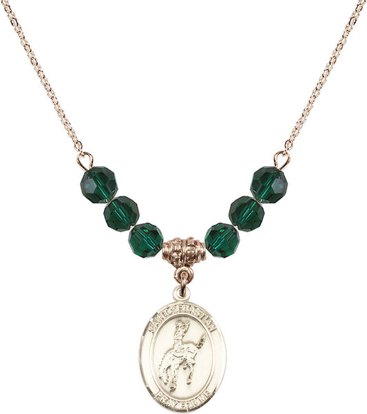 14kt Gold Filled Saint Sebastian / Rodeo Birthstone Necklace with Emerald Beads - 8191
