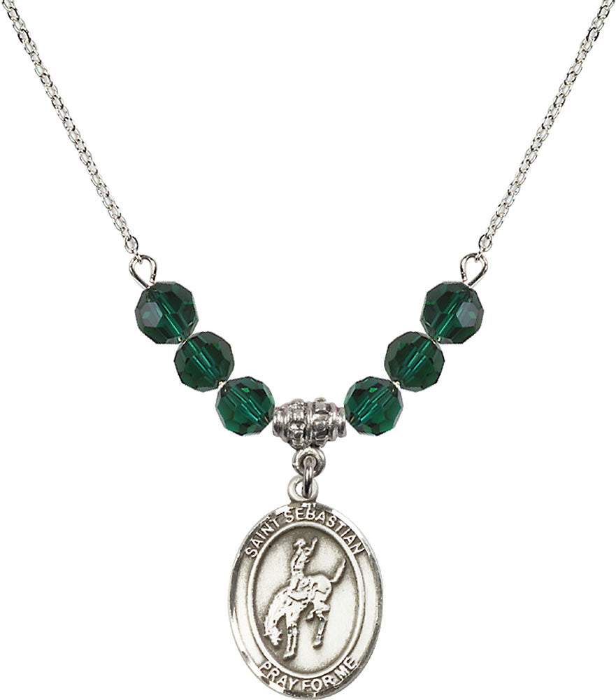 Sterling Silver Saint Sebastian / Rodeo Birthstone Necklace with Emerald Beads - 8191