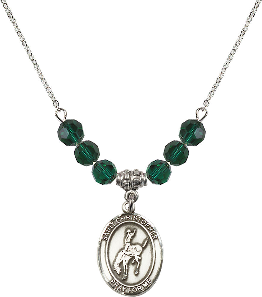 Sterling Silver Saint Christopher / Rodeo Birthstone Necklace with Emerald Beads - 8192