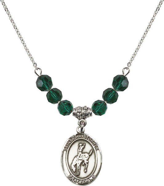 Sterling Silver Saint Christopher / Rodeo Birthstone Necklace with Emerald Beads - 8192