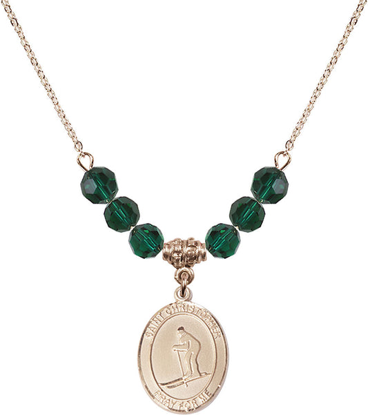 14kt Gold Filled Saint Christopher / Skiing Birthstone Necklace with Emerald Beads - 8193