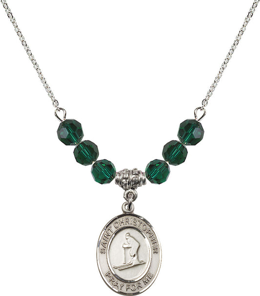 Sterling Silver Saint Christopher / Skiing Birthstone Necklace with Emerald Beads - 8193