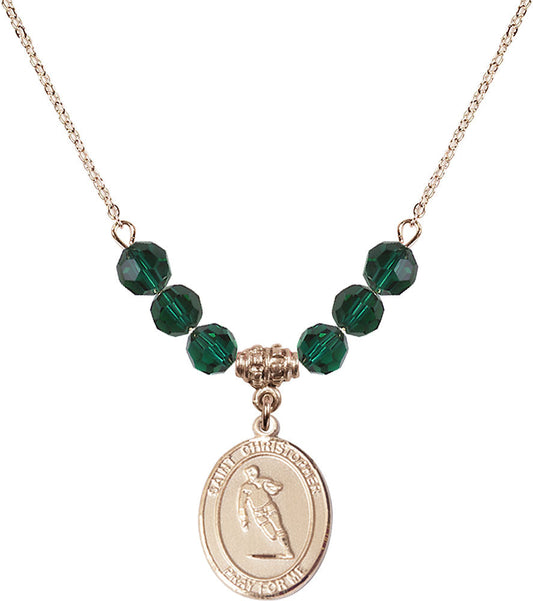 14kt Gold Filled Saint Christopher / Rugby Birthstone Necklace with Emerald Beads - 8194