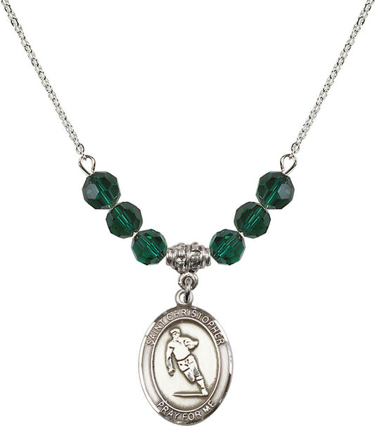 Sterling Silver Saint Christopher / Rugby Birthstone Necklace with Emerald Beads - 8194