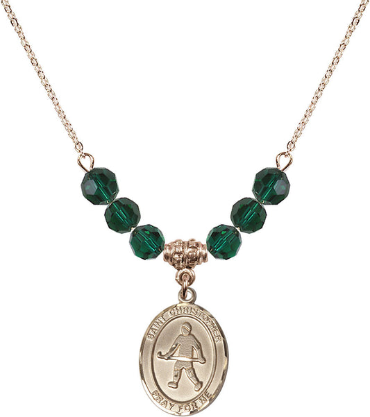 14kt Gold Filled Saint Christopher / Field Hockey Birthstone Necklace with Emerald Beads - 8195