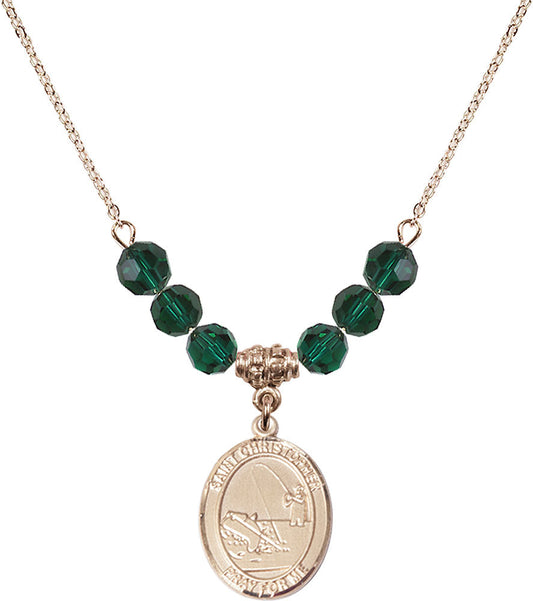 14kt Gold Filled Saint Christopher / Fishing Birthstone Necklace with Emerald Beads - 8196