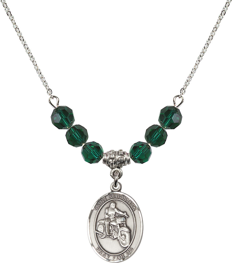 Sterling Silver Saint Sebastian / Motorcycle Birthstone Necklace with Emerald Beads - 8197