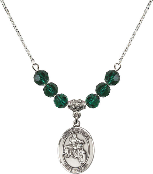 Sterling Silver Saint Sebastian / Motorcycle Birthstone Necklace with Emerald Beads - 8197