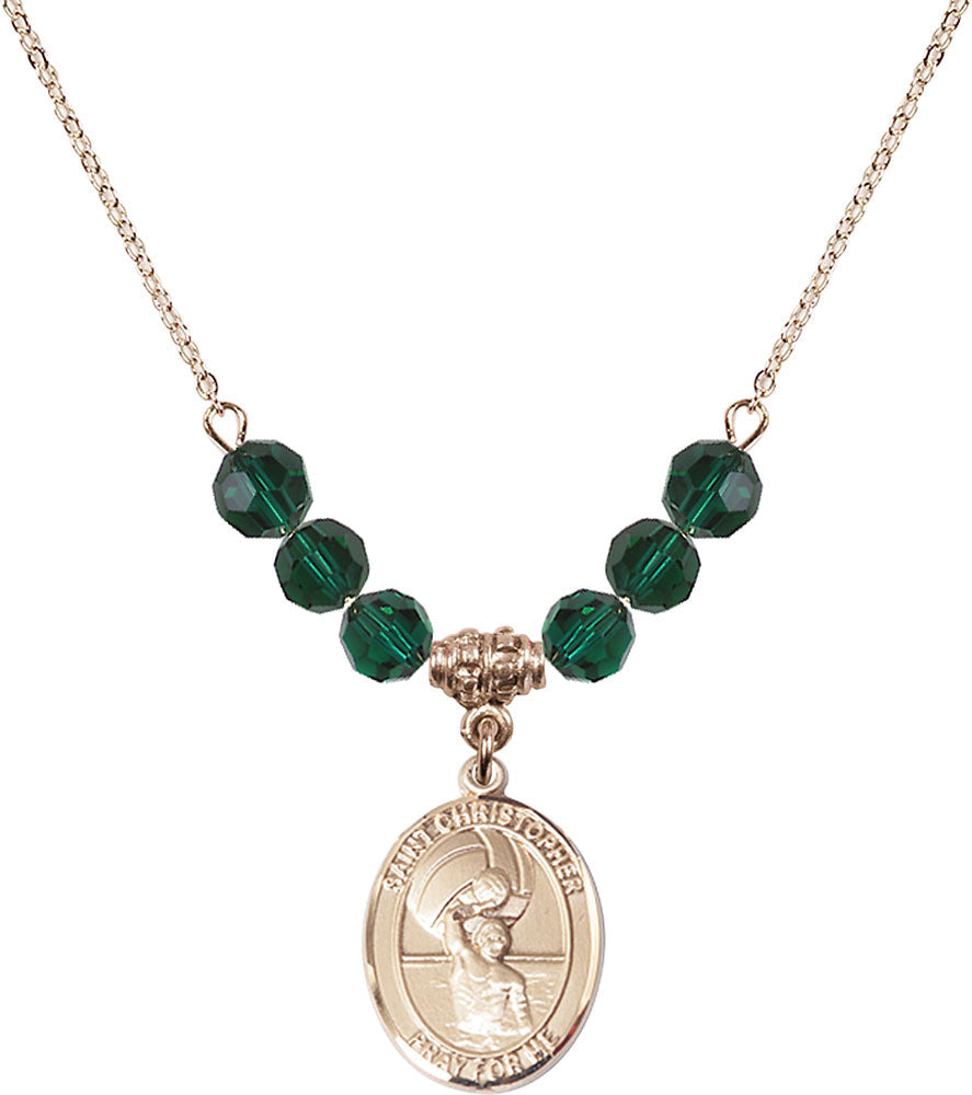 14kt Gold Filled Saint Christopher/Water Polo-Men Birthstone Necklace with Emerald Beads - 8198