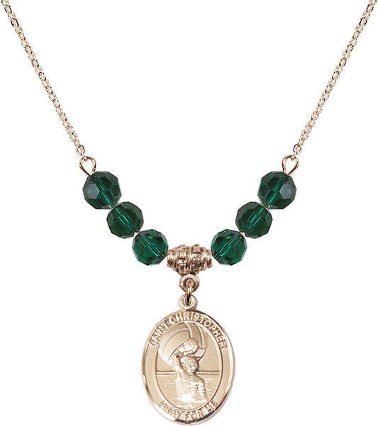 14kt Gold Filled Saint Christopher/Water Polo-Men Birthstone Necklace with Emerald Beads - 8198