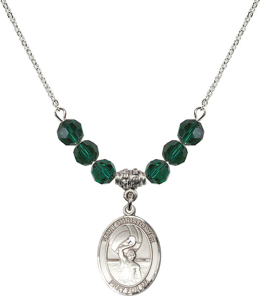 Sterling Silver Saint Christopher/Water Polo-Men Birthstone Necklace with Emerald Beads - 8198