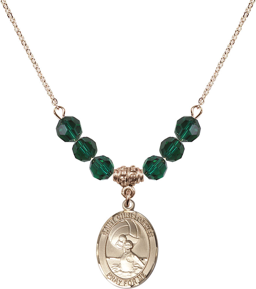 14kt Gold Filled Saint Christopher/Water Polo-Women Birthstone Necklace with Emerald Beads - 8199