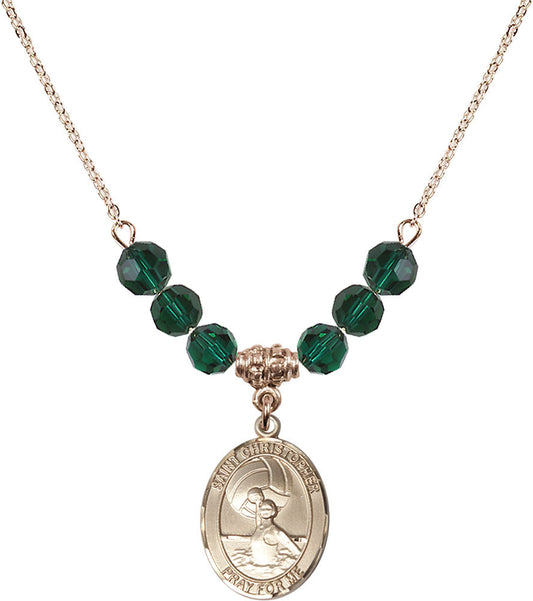 14kt Gold Filled Saint Christopher/Water Polo-Women Birthstone Necklace with Emerald Beads - 8199