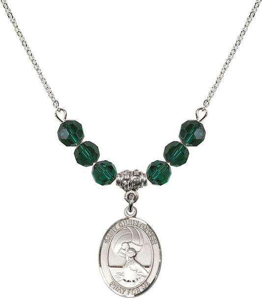 Sterling Silver Saint Christopher/Water Polo-Women Birthstone Necklace with Emerald Beads - 8199