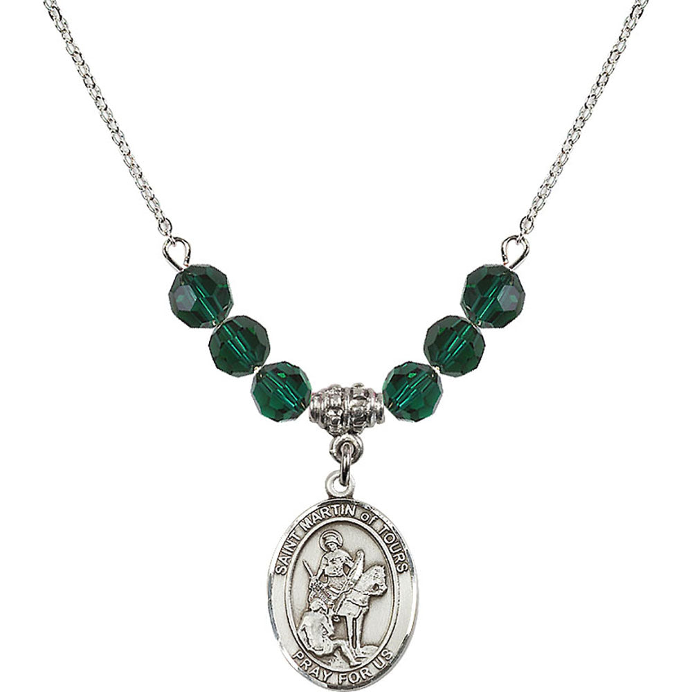 Sterling Silver Saint Martin of Tours Birthstone Necklace with Emerald Beads - 8200