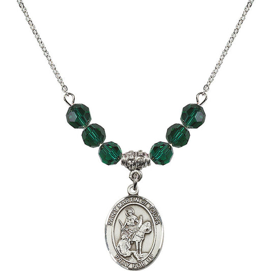 Sterling Silver Saint Martin of Tours Birthstone Necklace with Emerald Beads - 8200