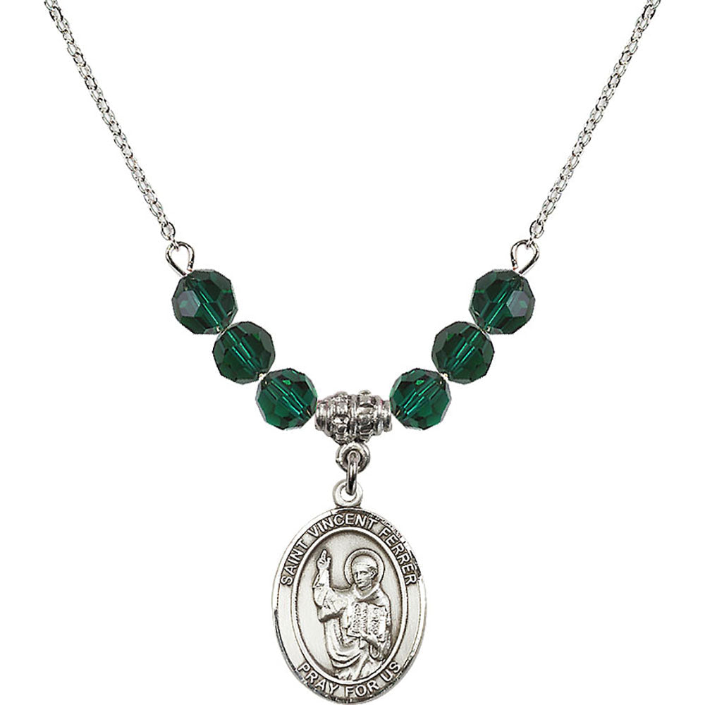 Sterling Silver Saint Vincent Ferrer Birthstone Necklace with Emerald Beads - 8201