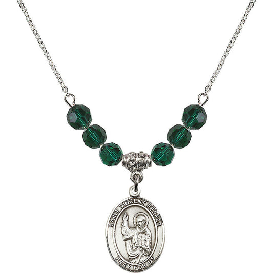 Sterling Silver Saint Vincent Ferrer Birthstone Necklace with Emerald Beads - 8201