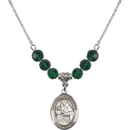 Sterling Silver Madonna del Ghisallo Birthstone Necklace with Emerald Beads - 8203