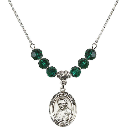 Sterling Silver Saint John Neumann Birthstone Necklace with Emerald Beads - 8204
