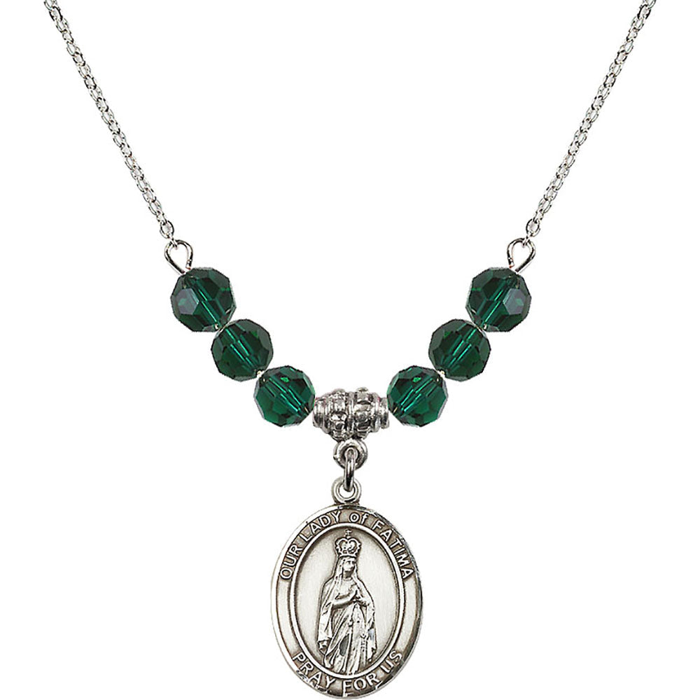 Sterling Silver Our Lady of Fatima Birthstone Necklace with Emerald Beads - 8205