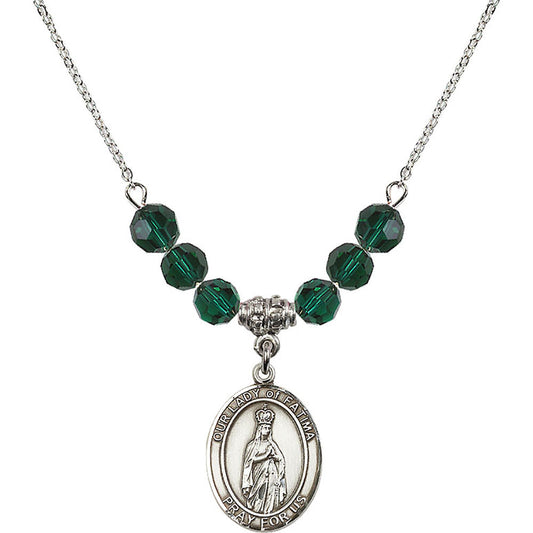 Sterling Silver Our Lady of Fatima Birthstone Necklace with Emerald Beads - 8205