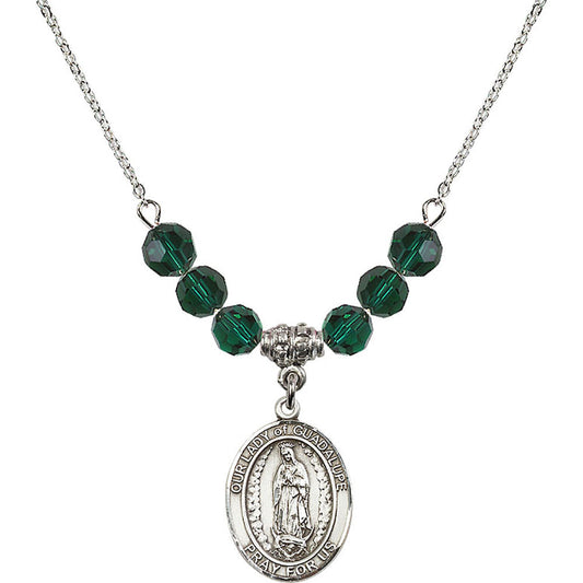 Sterling Silver Our Lady of Guadalupe Birthstone Necklace with Emerald Beads - 8206