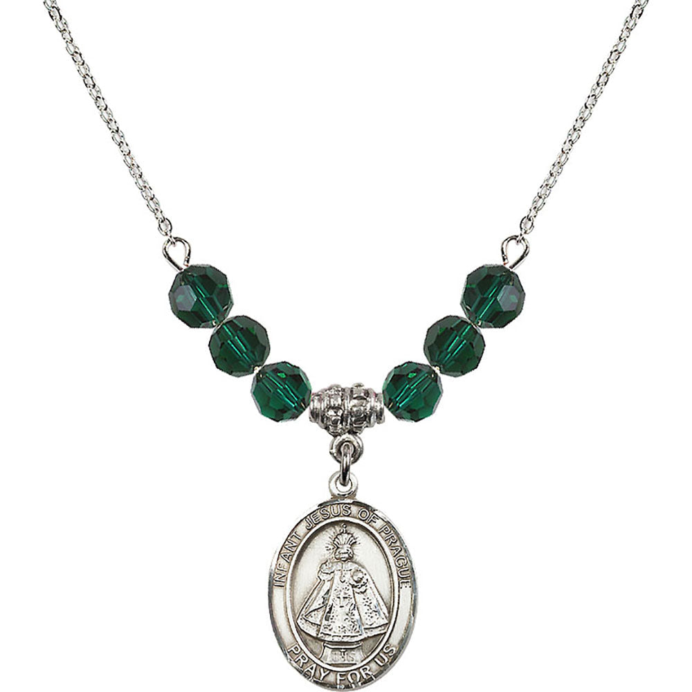Sterling Silver Infant of Prague Birthstone Necklace with Emerald Beads - 8207
