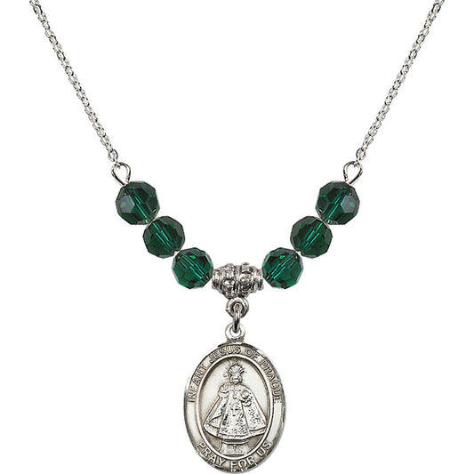 Sterling Silver Infant of Prague Birthstone Necklace with Emerald Beads - 8207