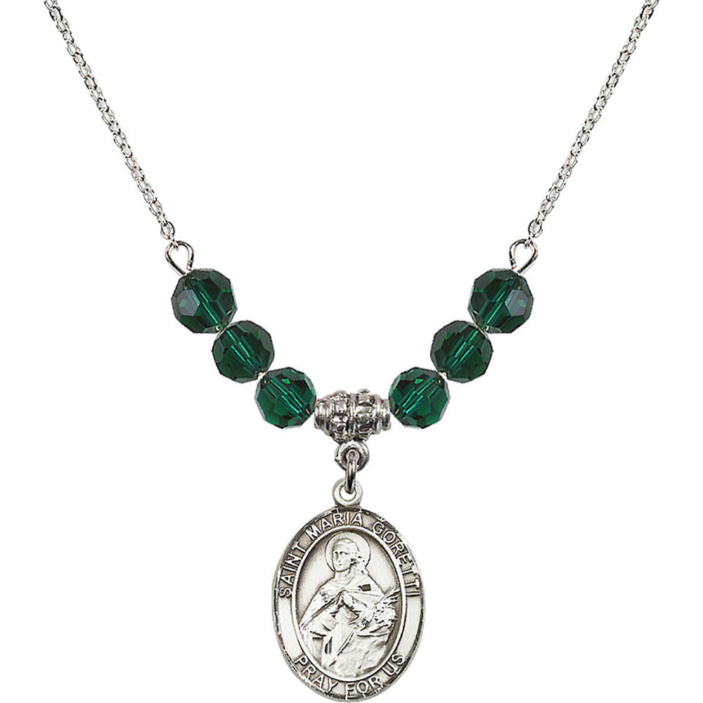 Sterling Silver Saint Maria Goretti Birthstone Necklace with Emerald Beads - 8208