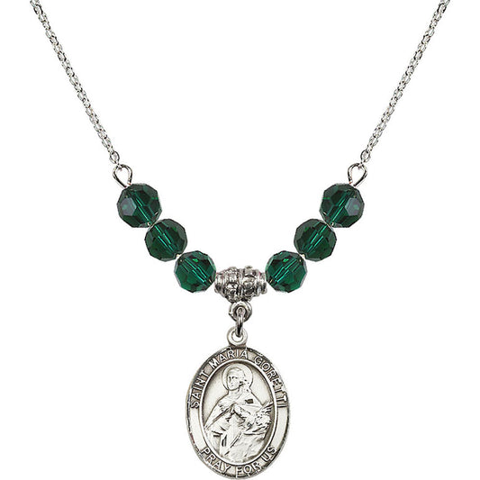 Sterling Silver Saint Maria Goretti Birthstone Necklace with Emerald Beads - 8208