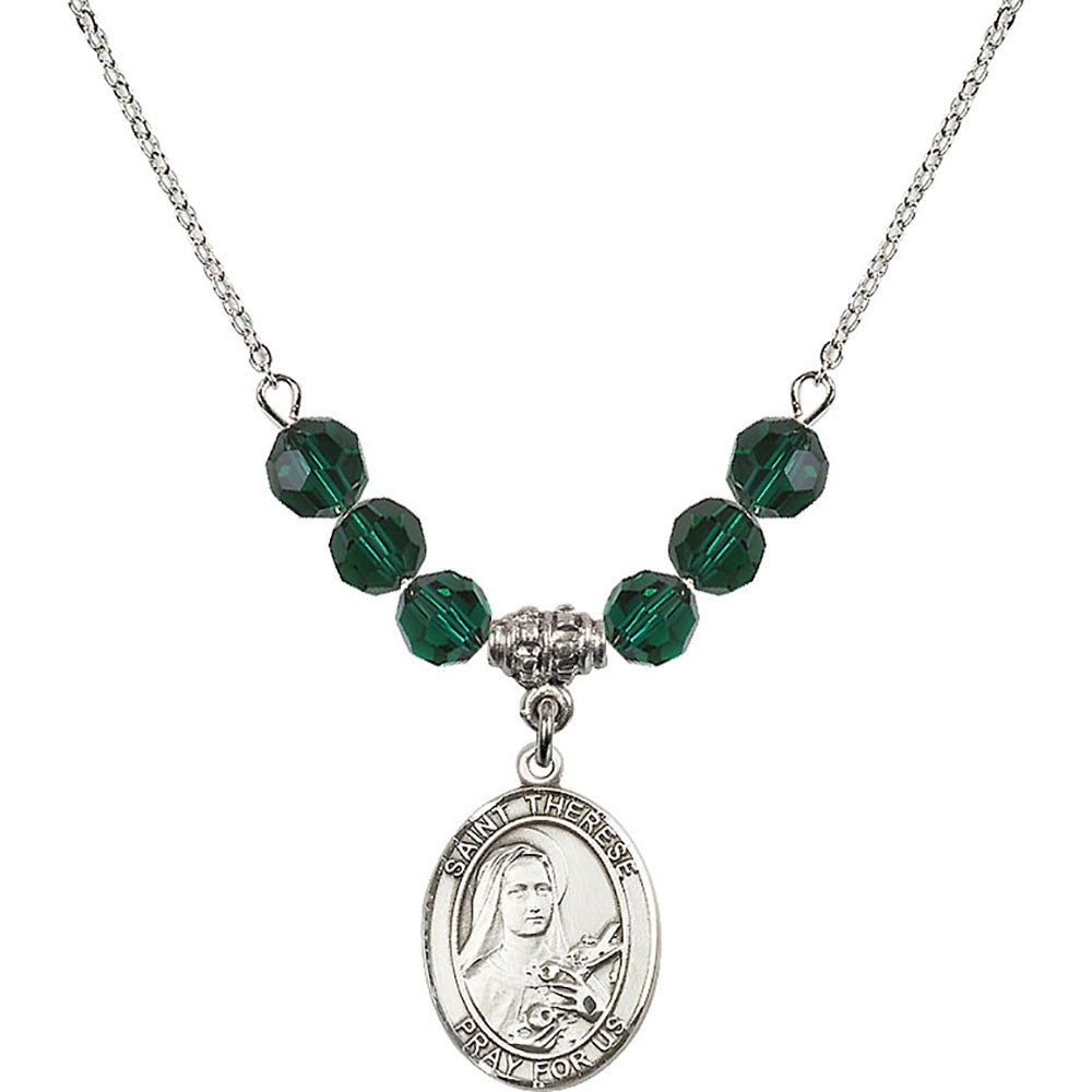 Sterling Silver Saint Therese of Lisieux Birthstone Necklace with Emerald Beads - 8210