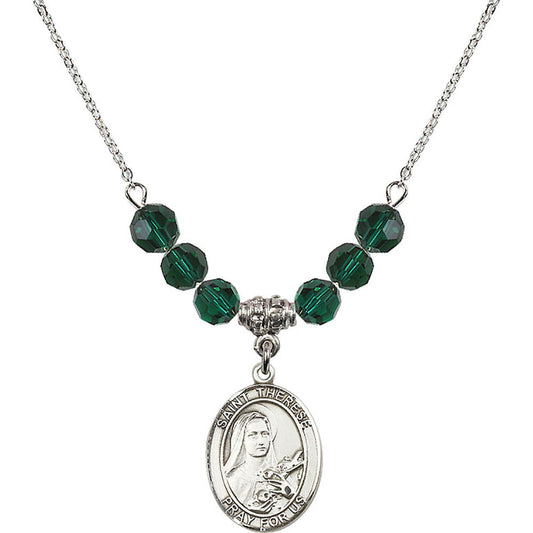 Sterling Silver Saint Therese of Lisieux Birthstone Necklace with Emerald Beads - 8210