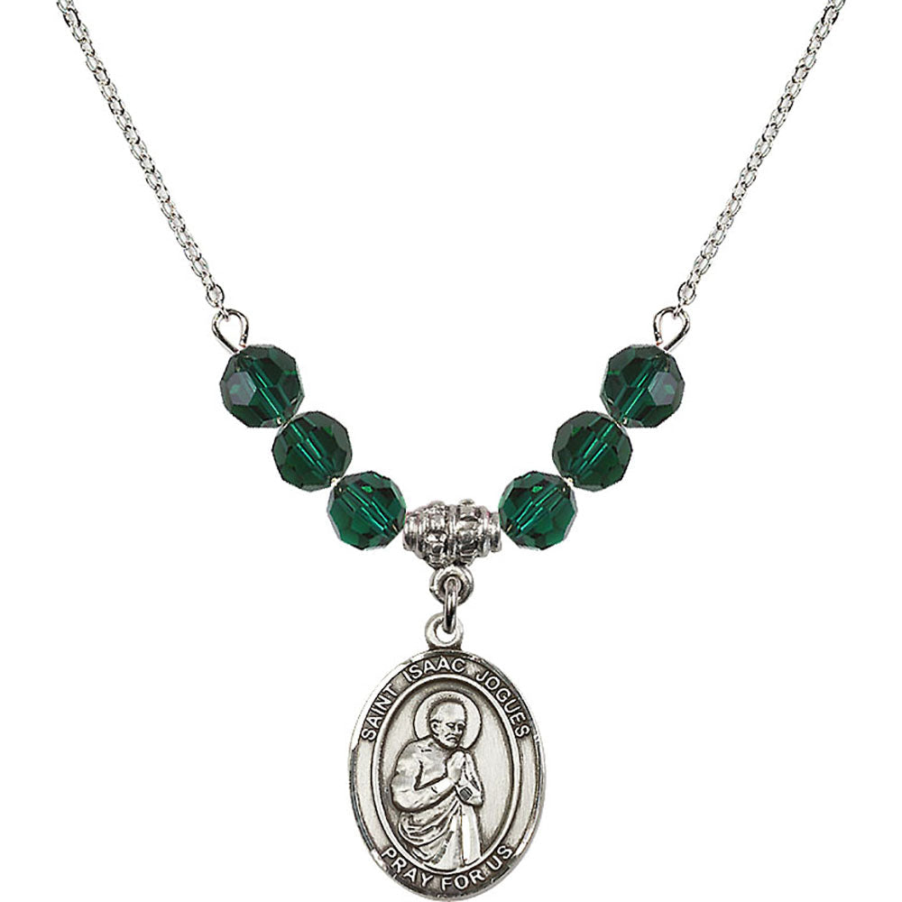 Sterling Silver Saint Isaac Jogues Birthstone Necklace with Emerald Beads - 8212