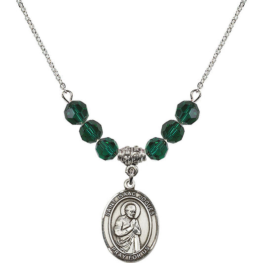Sterling Silver Saint Isaac Jogues Birthstone Necklace with Emerald Beads - 8212