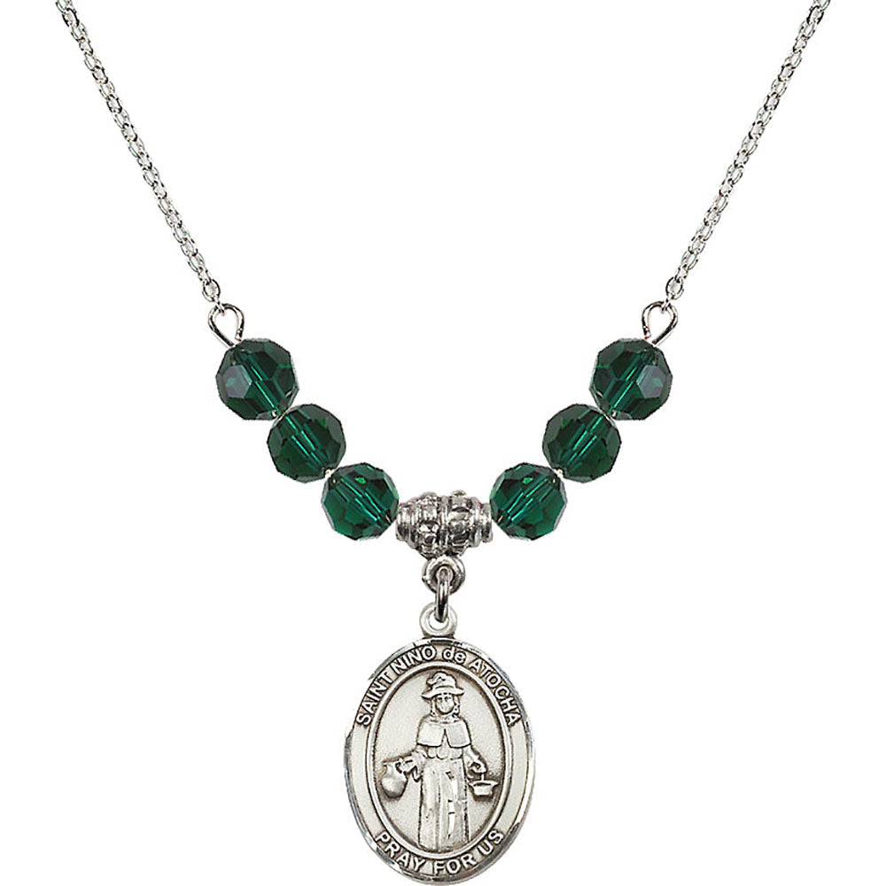 Sterling Silver Saint Nino de Atocha Birthstone Necklace with Emerald Beads - 8214