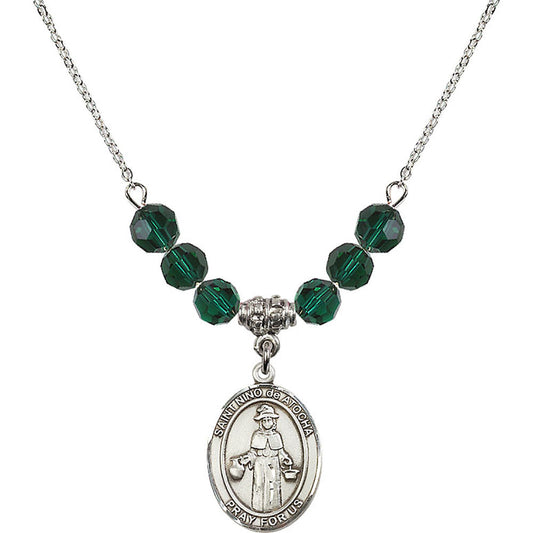 Sterling Silver Saint Nino de Atocha Birthstone Necklace with Emerald Beads - 8214