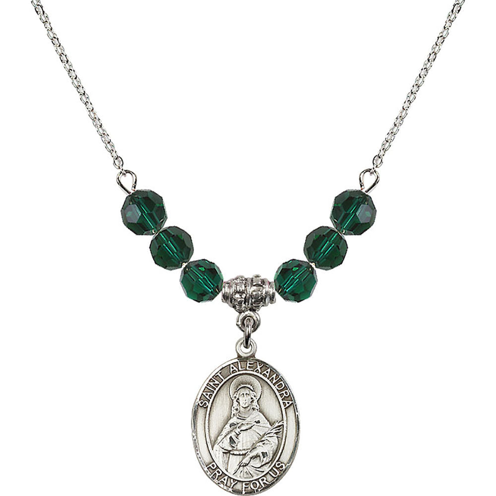 Sterling Silver Saint Alexandra Birthstone Necklace with Emerald Beads - 8215