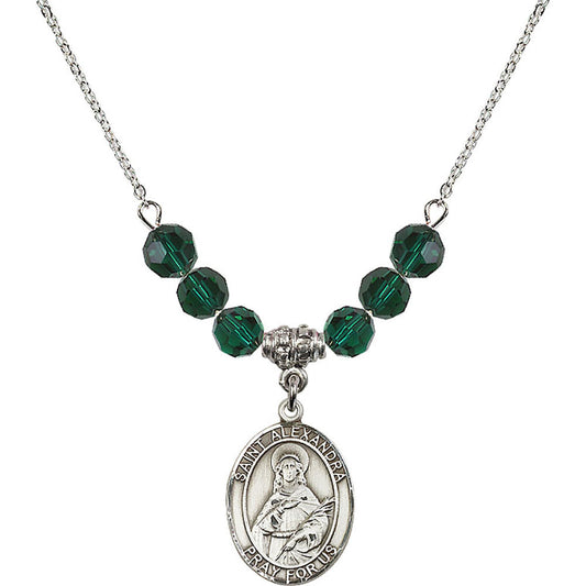 Sterling Silver Saint Alexandra Birthstone Necklace with Emerald Beads - 8215