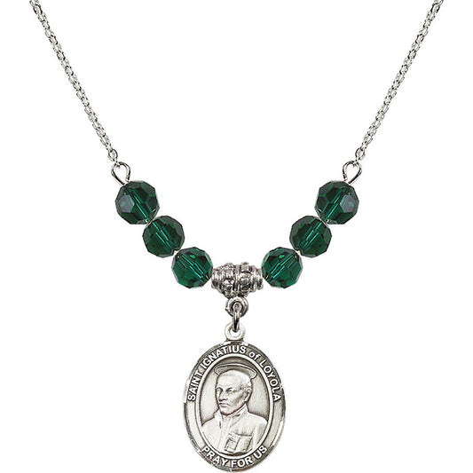 Sterling Silver Saint Ignatius of Loyola Birthstone Necklace with Emerald Beads - 8217