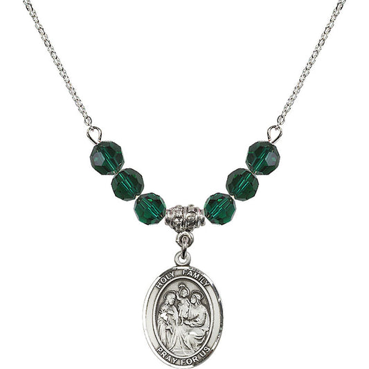 Sterling Silver Holy Family Birthstone Necklace with Emerald Beads - 8218