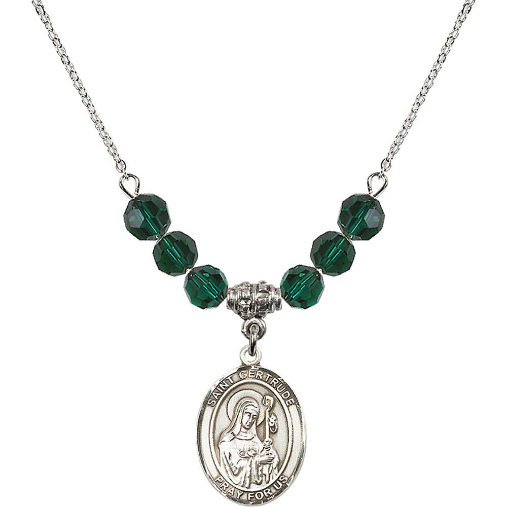 Sterling Silver Saint Gertrude of Nivelles Birthstone Necklace with Emerald Beads - 8219