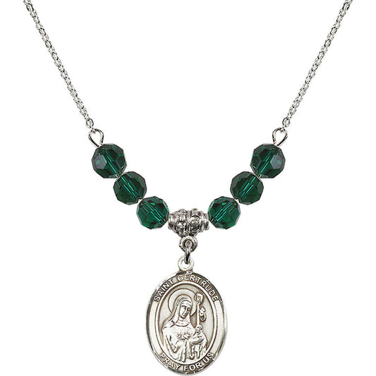 Sterling Silver Saint Gertrude of Nivelles Birthstone Necklace with Emerald Beads - 8219