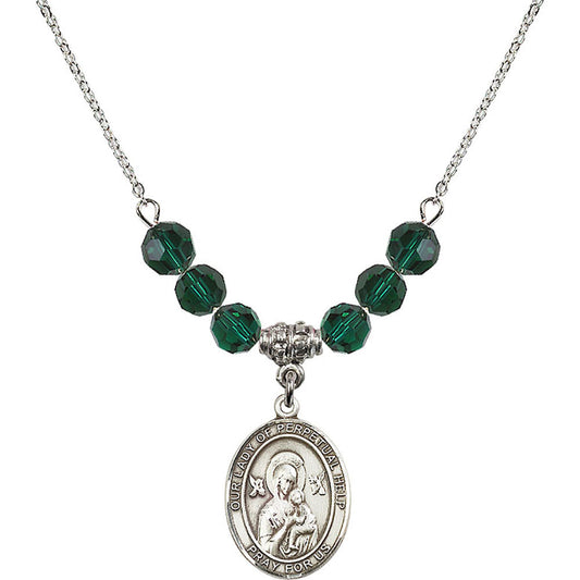 Sterling Silver Our Lady of Perpetual Help Birthstone Necklace with Emerald Beads - 8222
