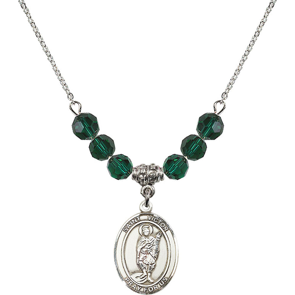 Sterling Silver Saint Victor of Marseilles Birthstone Necklace with Emerald Beads - 8223