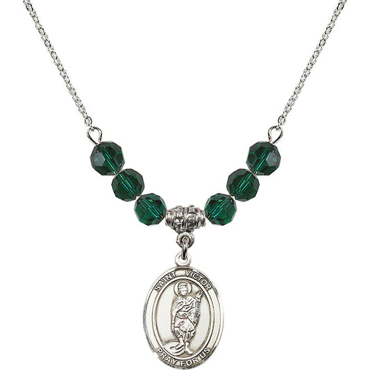 Sterling Silver Saint Victor of Marseilles Birthstone Necklace with Emerald Beads - 8223