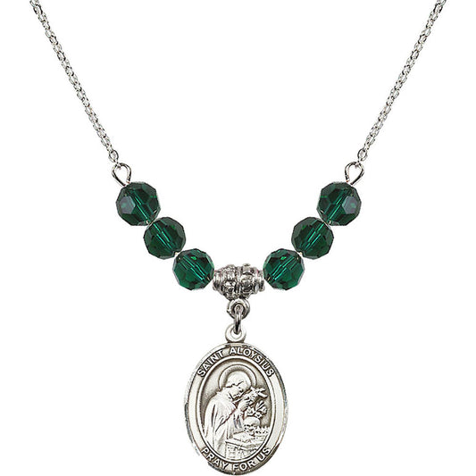 Sterling Silver Saint Aloysius Gonzaga Birthstone Necklace with Emerald Beads - 8225