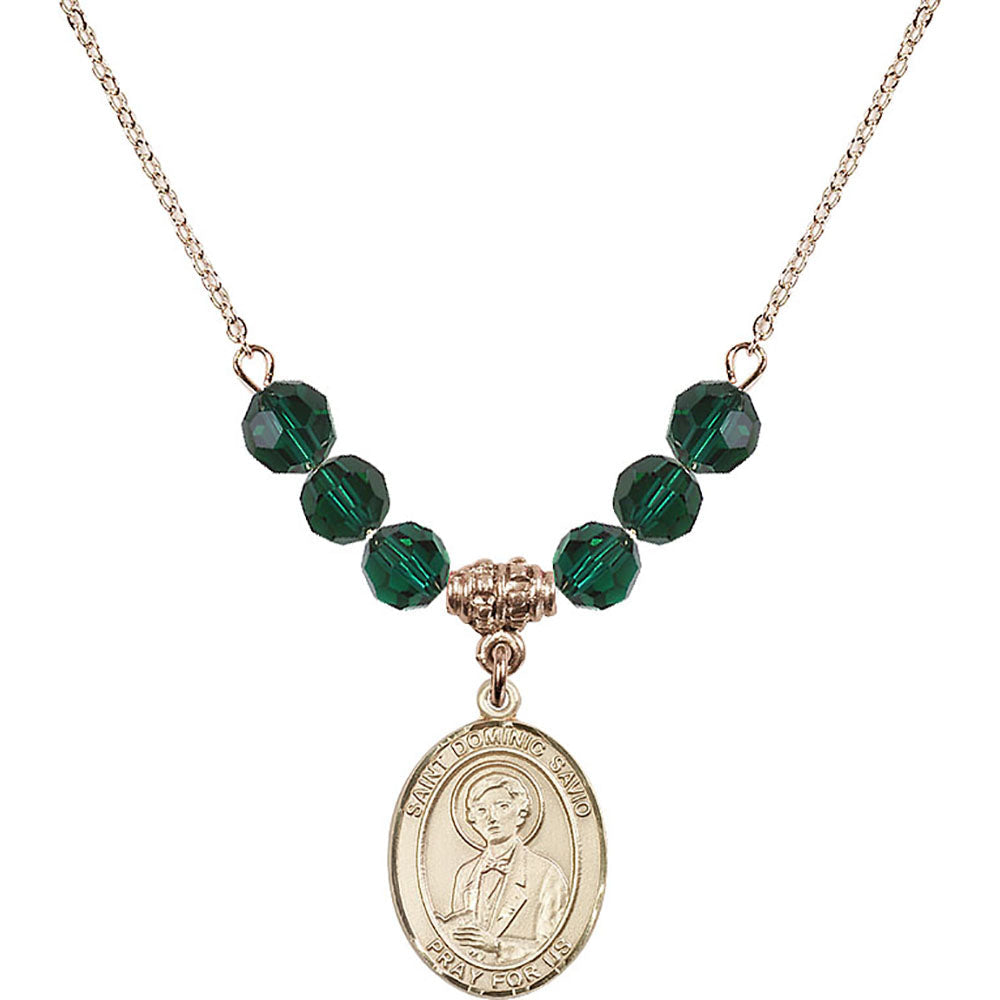 14kt Gold Filled Saint Dominic Savio Birthstone Necklace with Emerald Beads - 8227