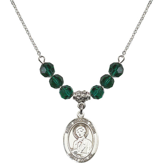 Sterling Silver Saint Dominic Savio Birthstone Necklace with Emerald Beads - 8227