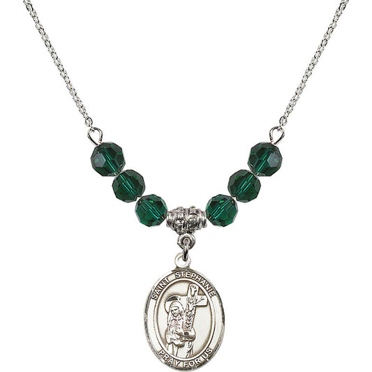 Sterling Silver Saint Stephanie Birthstone Necklace with Emerald Beads - 8228